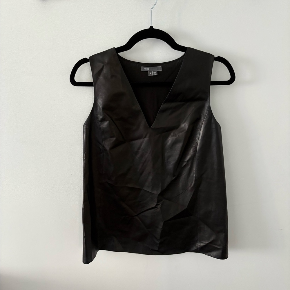 Vince Black Leather V-Neck Tank Top